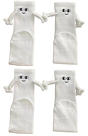 Lustige Magnetische Socken mit Händen Hand in Hand Socke Freundschaftssocken Magnet Socks Kleine Geschenke für Frauen Männer Freundin Freunde Partner Paare Kinder (2 Paar B 01- Weiß, One Size)