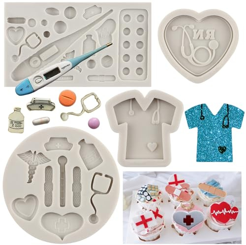MYPRACS Lot de 4 moules en silicone Motif infirmière chapeau stéthoscope bandage thermomètre médecin Chocolat bonbons