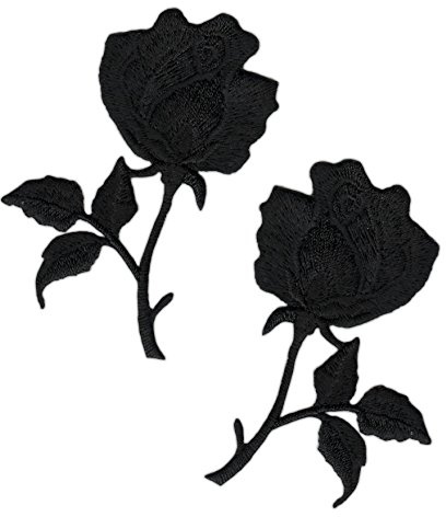 Rose Schwarz 2 Stück Aufnäher zum aufbügeln oder aufnähen Bügelbild Aufbügler für Kleidung gestickter Bügelflicken Blumen Applikation Patch Größe einer Rose 4,5 x 7,2 cm