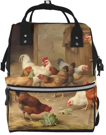 OrcoW Windeltasche mit Bauernhof-Hühner-Druck, große Kapazität, multifunktional, wasserdicht, für Mama und Papa, Schwarz , One size