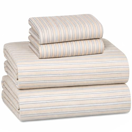 Briarwood Home® Printed Flannel Sheet Set, 100% Natural Cotton, Soft, Warm & Deep Pocket, Advanced Nano-Tech Making it Resistance to Pilling; Brushed 6 Times for Softness (Oak Stripes, Queen)