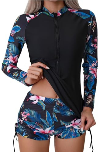 PANGHUBO Camiseta de neopreno de manga larga con cremallera para mujer, camiseta de protección contra erupciones, traje de baño de dos piezas, con cremallera frontal/sin cierre, tankini estampado,
