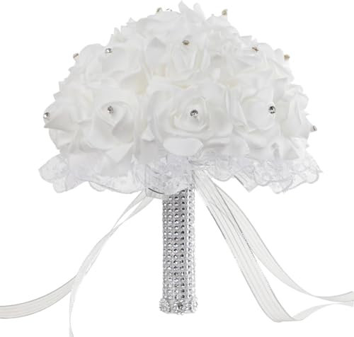 ChYoung Bouquets De Mariage Pour Mariée Demoiselle D’honneur Roses Artificielles Fleurs Avec Diamant Soie Rubans Mariée Tenant Fleur Jeter Bouquet Mariée Demoiselle D’honneur Bouquets