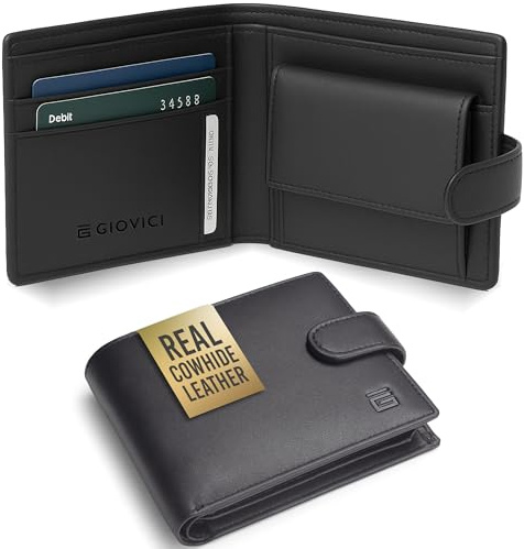 Giovici Wallet for Men Leather, RFID Blocking Handcrafted Soft Leather Bifold Wallet, 8 Card Slots, Zip Compartment Plus Coin Pocket, UK Design with Gift Box (Black Soft Leather)