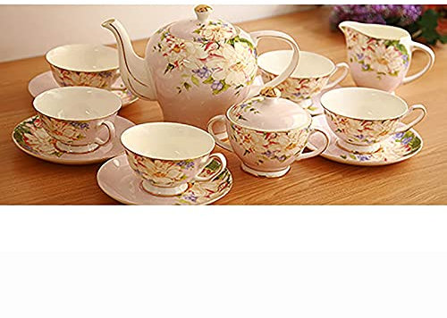 JKJZSALJ Juego De Té De Porcelana Estilo Corte De 15 Piezas para Adultos, Porcelana De Hueso, Tazas De Café Y Platillo Vintage, Servicio De 6 con Tetera, Azucarero, Jarra para Crema