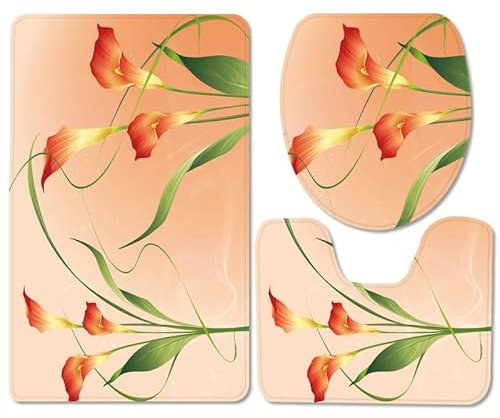 Bad Teppiche Set Orange Elegante Blume Badezimmerteppich Waschbar WC Vorleger mit Ausschnitt und WC Deckelbezug 3 Teilig Badematte rutschfest Toilettensitzbezug Badgarnitur 45x75 cm