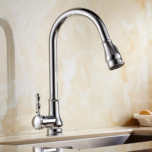 Vintage Küchenarmatur Wasserhahn Küche mit ausziehbarer Brause Küchenarmatur Wasserhahn Küche Schwenkauslauf Einzelgriff Warm und Kaltwasser Chrom Spültischarmatur Mischbatterie Küche