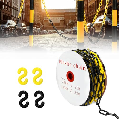 25m Absperrkette Gelb Schwarz Kunststoff, 6mm Absperrkette Warnkette Absperrung Plastikkette mit 4 S-Haken, Sicherheits-Warnkette aus Kunststoff für die Baustelle, Parkplatz und Auftragspflege