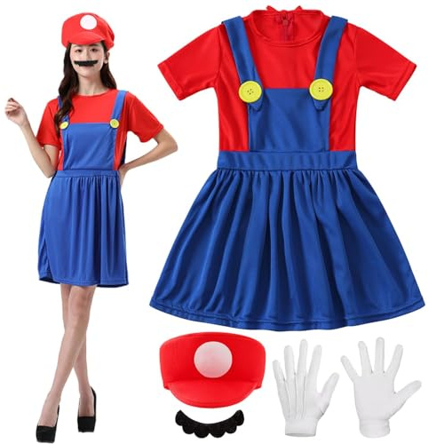 Shengruili 4 stycken dräktsset, Luigi-kostym, Bros, cosplay-kostym, kvinnor, män, pojkar, flickor, outfit för jul, karneval, maskeraddräkt