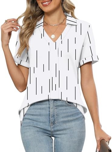 Rapbin Womens Tops Summer Short Sleeve V Neck Business Elegant Tunic Blouses Lapel Collar Dressy Casual Floral Polo Shirt Loose Work T-Shirts 2025(White Floral,M)