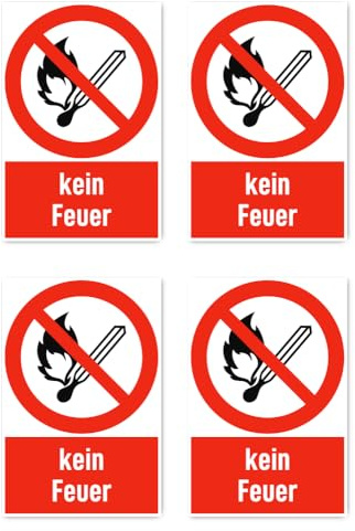 Aufkleber: 150x100 mm, 4 Stück - kein Feuer - Verbotszeichen mit Text (deutsch) (rot/weiß) - hochkant - P003 - DIN EN ISO 7010 / ASR A1.3