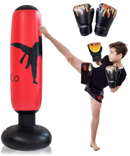 160 cm Saco de Boxeo Hinchable, Punchball Inflable con Guantes de Boxeo, Niños de Bolsa de Boxeo Suavidad y Comodidad, Bolsa de Standbox Inflable, Saco de Boxeo de Pie para Practicar