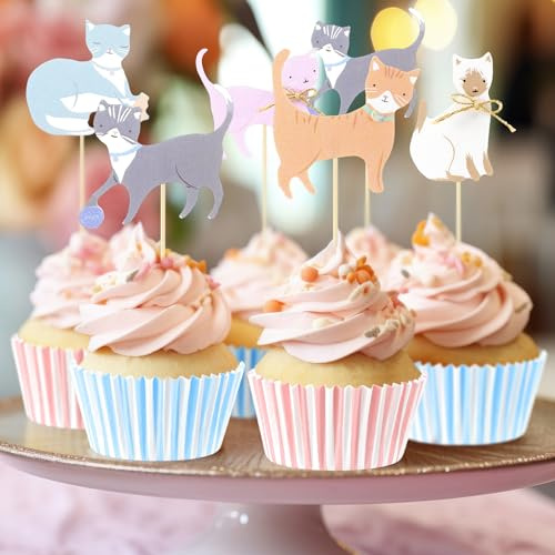 Vesici 48 Pcs Cute Kitten Cupcake Kit Include 24 Cat Cupcake Toppers and 24 Blue Pink Cake Liners Kitten Pet Themed Party Supplies for Birthday Pet Adoption Party Decorations