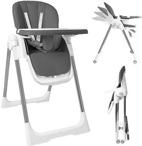 Alpstorm 4-in-1 Klapphochstuhl: Höhenverstellbar mit abnehmbarem Tablett, Rollen & 5-Punkt-Gurt. Wachstumsbegleiter von Babymahlzeiten bis Kindergarten (Grau)