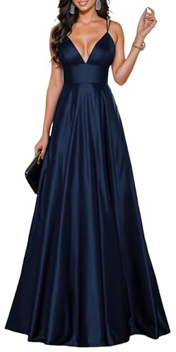 HOMEYEE Vestido de dama de honor largo con cuello en V, elegante, vestido de noche, línea A, vestido de novia, A490, azul marino, S