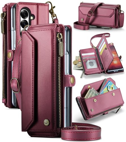 Étui portefeuille à rabat en cuir résistant aux chocs pour Samsung Galaxy Z Fold 7 - Avec bandoulière/dragonne, fermeture éclair, 5 emplacements pour cartes/porte-stylo S - Bordeaux