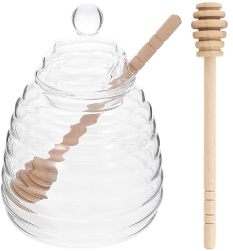 Ipetboom Tarro De Miel Grande De Vidrio Transparente Con Tapa y 2 Cucharas De Madera Para Almacenar Miel y Mermelada Cocina, Práctico y Multifuncional