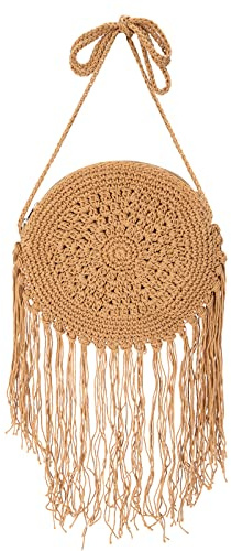 Jesustree Sac à Bandoulière Rond en Paille pour Femmes Filles, Boho Sac à Main Tissé de Crochet de Coton, Petit Fait à la Main pour la Plage D'été, Vacances Voyage