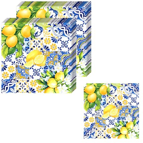KLINNA 20 Stück 33x33cm Zitronen Papier Servietten Blau Gelb, Einmalige Tischdeko mit Zitronenmotiv für Party, Feste und Sommer, Weich und Saugstark mit Frischem Grün,Tischdekoration