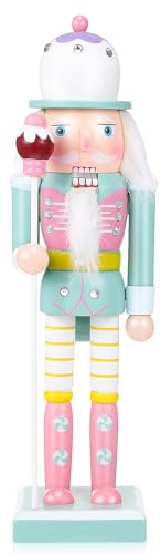 Veemoon Figura di Schiaccianoci Rosa Natalizia da 10 Pollici, Soldato di Natale in Legno, Statuette da Tavolo di Natale, Ornamento, Decorazione Pastello per Feste, Bomboniera Artigianale