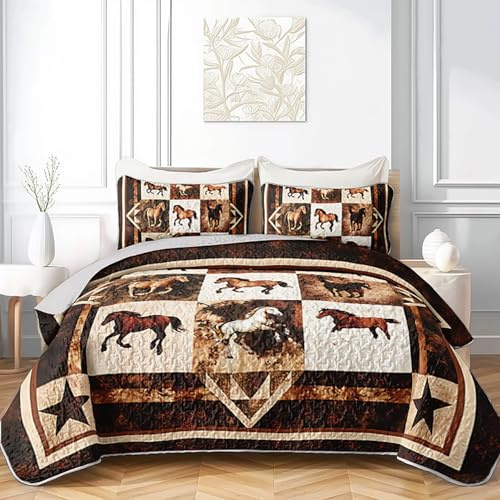 XYNHML Western Brown Galloping Horse Quilt Bedding Twin 3Pcs Rustic Farmhouse Horse Bed Set Wild Animal Retro Grid Pattern Bedspread Coverlet with 2 Pillowcases for Kid Boy Girl Teen Adult Room Decor