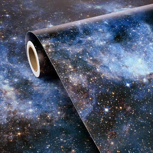FunStick Papier Peint Bleu Galaxie Nuit Étoilée Noire Papier Peint Adhesif Mural Enfant Garçon Plafond de La Chambre Salon Imperméable Rouleau Vinyle Adhesif Bleu Foncé Étoiles Porte Placard 44.5CMx3M