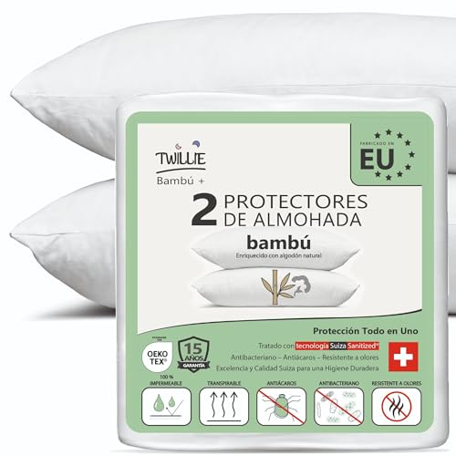 Twillie Protector Almohada 30 x 50 (Lote de 2) Bambú Impermeable, Cremallera y Antiacné – Algodón Natural, Tratamiento Suizo Sanitized® Antiácaros Antibacteriano – Hecho en UE