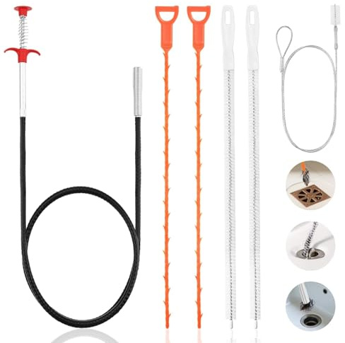 Nasxkji 6 Piezas Desatascador Tuberias Manual con pinza de 1,6 m - Alambre Desatascador Tuberias y Cepillo de Limpieza para Cocina Baño Ducha Fregadero y Frigorífico | Desatascador de desagües en espiral y cepillo largo para cocina, baño, ducha, lavabo y nevera