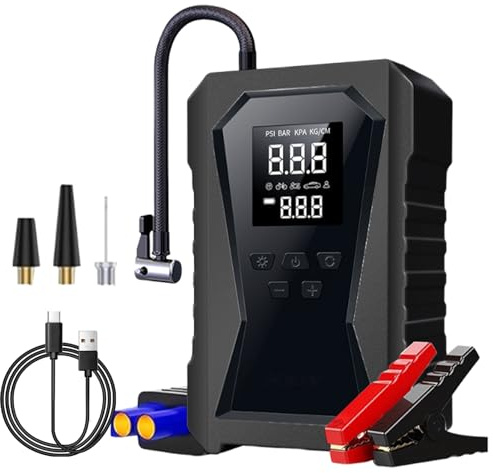 Booster Avviamento Auto,12V Avviatore per veicolo con Compressore Aria Portatile,Avviatore Batteria Macchina,Jump Starter con LED Torcia,Ricarica USB-C,7-in-1 Kit di Viaggio e Attrezzi di Emergenza