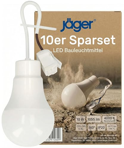 JÄGER 10x LED Bauleuchtmittel, Baufassung mit Leuchtmittel, Baustellenlampe, Baulampe, Renovierlampe, ersetzt E27 Fassung & Lampenfassung E27 mit Kabel, 10W, 4000K Neutralweiß, Bruchsicher