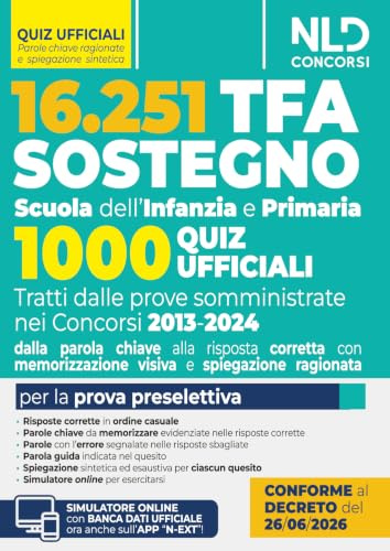 TFA sostegno 2026. 1000 quiz ufficiali per la Scuola dell'Infanzia e Primaria per la prova preselettiva. Con software di simulazione