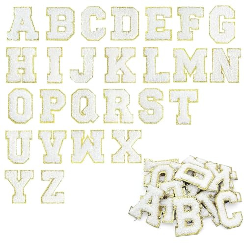 SHENGYIG 26 Stück Selbstklebende Buchstaben Patches A-Z | Textilsticker Selbstklebend, Weiß Alphabet-Stoffaufnäher für Kleidung mit Goldene Pailletten, Weich