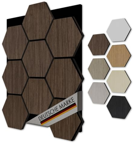 Akustiko Hexagon 3D Wandpaneele 5 Stück 567x693mm - Filz Akustikpaneele & MDF Träger Technisches Furnier Holzoptik Waben Wandverkleidung & Wanddekoration Büro Wandgestaltung (Walnut Black)