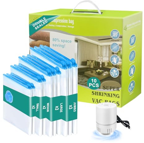 Vakuumbeutel für Kleidung mit Elektrischer Luftpumpe, PARPAT 10 Stück (3 Jumbo 100x80cm &3 Groß 80x60cm &2 x Mittel 70x50cm &2 Kleine 60x40cm), Durchsichtig für Reisen, Kissen Bettdecken Aufbewahrung