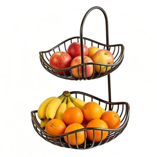 Fruit Basket for Kitchen Counter,Modern Metal Black Storage Organizer | 2 Tiered Fruit Basket,for Garlic Ginger Potatoes Onions Snacks Vegetables Bread Desserts