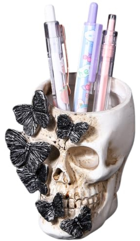 Vyloky dödskalle fjäril pennhållare harts gotisk halloween dekoration skrivbord organizer penselhållare makeup förvaring gåva