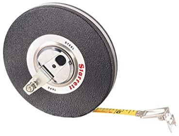 Starrett Closed Reel Long Line Tape with Nylon Rollers, Rewind Mechanism, and Folding Hook Ring - 100' Length, 3/8 Width, 1/8 Graduation, L1 Graduation Style Number - 530-100