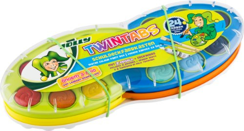 Jolly TwinTabs | Deckfarbkasten, Farbkasten | mit Click Funktion | Großes Mischtablett | inkl. 2 Pinsel und Deckweiß | 24 Farben | von Lehrern Empfohlen
