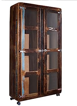 MASSIVMOEBEL24.DE | FREEZY Vitrine aus Massivholz #30 Altholz - Mehrfarbig, lackiert Industrial-Stil 100x40x180 cm Vitrine aus Massivholz Vollholzvitrine