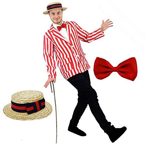 Red White Stripe Blazer + Straw Boater Hat With Navy & Red Ribbon + Red Bowtie Barbershop Edwardian Perfect for Fancy Dress or Book Week Jacket 1920's Show Available in 5 Sizes