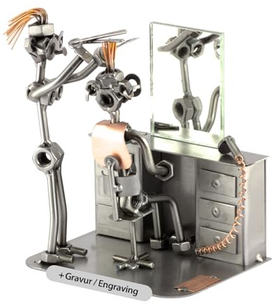 Steelman24 I Schraubenmännchen Friseurin Mit Spiegel Mit Persönlicher Gravur I Made in Germany I Handarbeit I Geschenkidee I Stahlfigur I Metallfigur