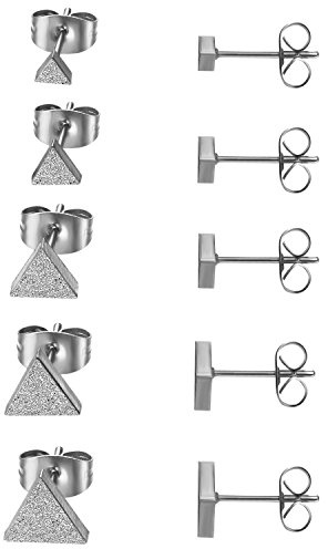 JewelryWe Schmuck 5 Paar Ohrstecker Set, Edelstahl flache runde poliert sandgestrahlt Ohrringe Ohr-Schmuck für Damen & Herren, Silber Gold Rosegold Schwarz, Durchmesser 4,5,6,7,8mm