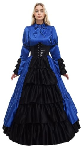 GRACEART Femmes Victorienne Robe avec Jupon et Ceinture Medieval Carnaval Vêtements (S, Bleu)