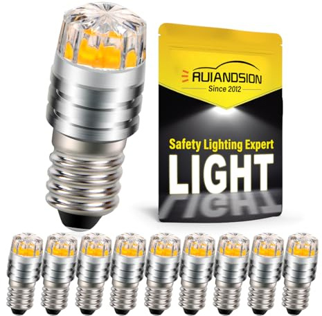Ruiandsion 10pcs E10 LED Upgrade Bulb 2W COB 3V 2700K Yellow LED Bulb Replacement for Flashlights Torch Headlight Headlamp,Negative Earth