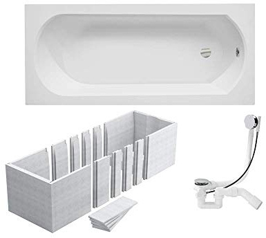 VBChome Badewanne 150x75 cm Acryl SET 3in1 Wannenträger Siphon Wanne Rechteck Weiß Design Modern Styroporträger Ablaufgarnitur in Chrom