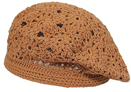 ZLYC Damen Baumwolle Häkelmütze Barette Handgemacht Retro Aushöhlen Strickmütze Frühling Sommer Leicht Elegant Baskenmützen (Karamellfarben), Gr.Einheitsgröße