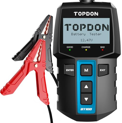 TOPDON BT100 Battery Tester,12V 100-2000CCA Car Battery Tester with Cranking Charging Tests, Ideal for DIYers & Auto Repair Shops, 2 Backlit Screen