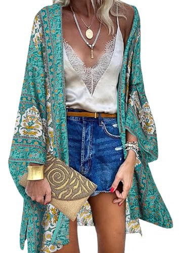 ZANZEA Dam blomtryck kimono kofta boho strandklänning pareos poncho sommar strand bikini täcka upp, A-boho 1 grön, L