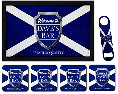 Personalised Scotland Bar Runner Mat Matching Set Bar Blade Opener & 4 Coasters Custom Beer Gifts For Pubs Home Bar Novelty Accessories For Dad Father's Day Mens Man Cave Any Name