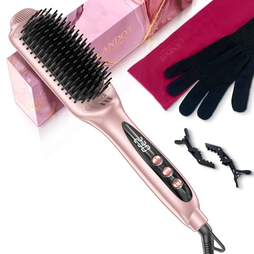 LANDOT Ionic Hair Straightener Brush for Smooth & Shiny Hair, Dual Voltage Ceramic Straightening Brush with 12 Adjustable Heat Settings 250°F-450°F, Elegant Gift for Women, Rose Gold